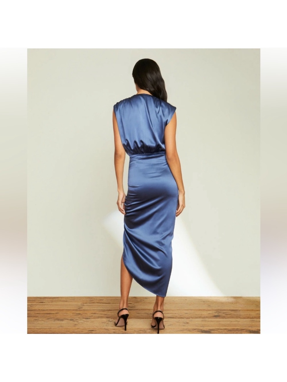 Veronica Beard Blue Satin Asymmetrical Ruched Dress Flawed - Picture 3 of 12